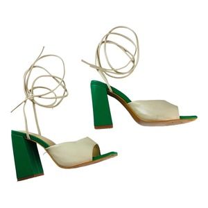 Chic Cream and Green Women's Block Heel Sandals